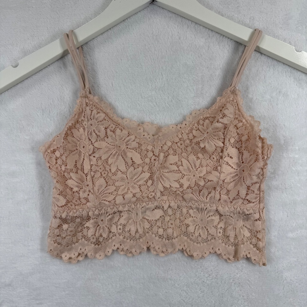 Floral Lace Bralette V-Neck Adjustable Straps Scalloped Trim Peach Small READ